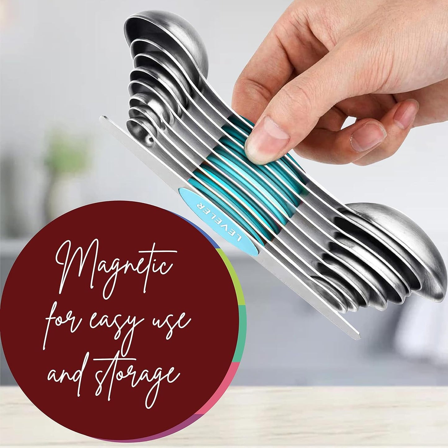 Magnetic Measuring Spoons Set of 9 Stainless Steel Dual-Sided Stackable Measuring Spoon Nesting Teaspoons Measuring Dry and Liquid Ingredients, Fits in Spice Jars Set of 9 (Yellow)