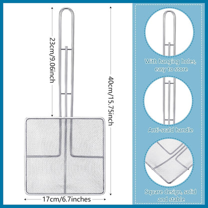 Mumufy 2 Pcs Square Fine Mesh Skimmer Spider Strainer Oil Skimmer for Deep Fryer Frying Scoop Stainless Steel Spider Strainer with Long Handle for Kitchen Swimming Pools Fried Food (6.7 x 6.7 Inch)
