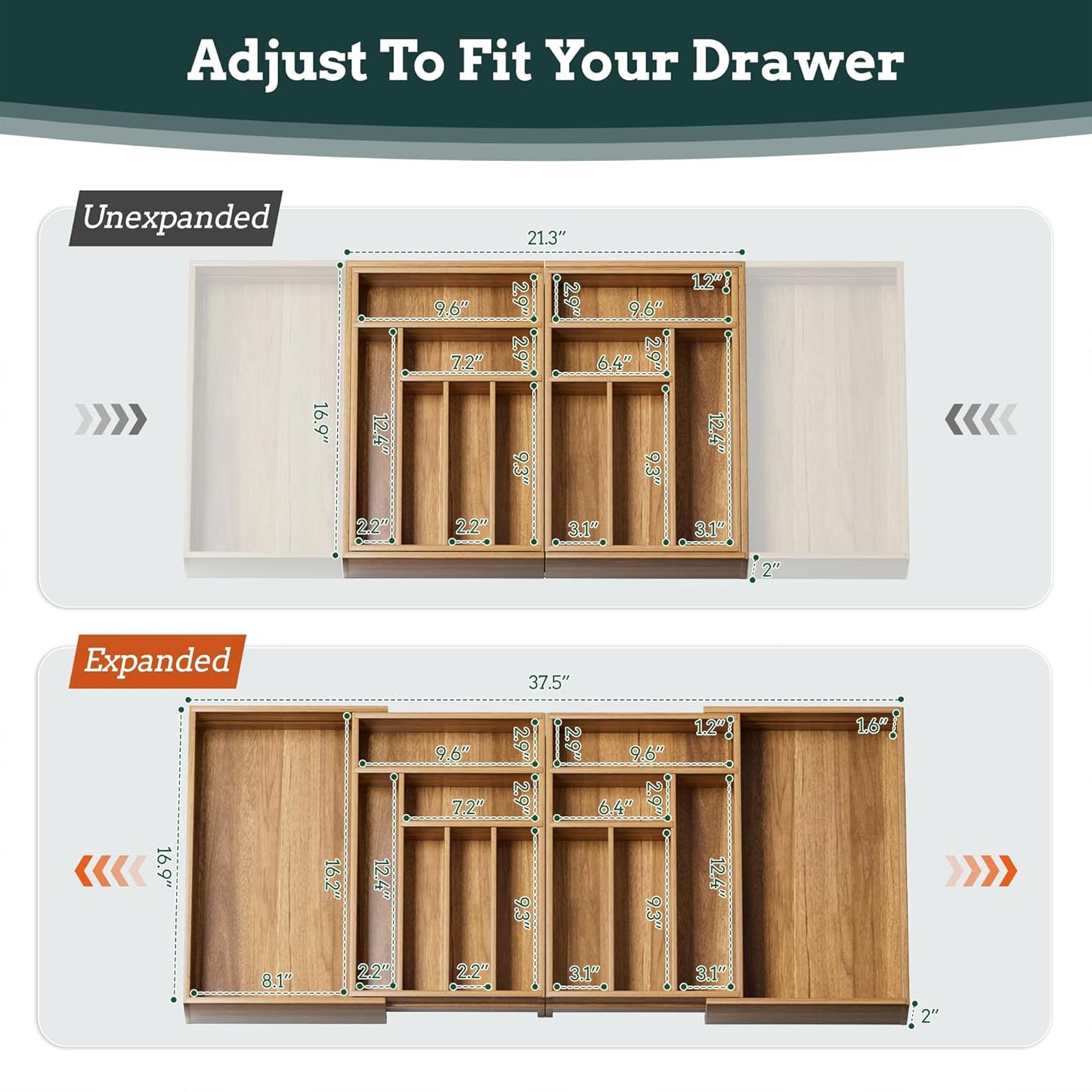 Silverware Organizer Large, Magnetic Connected Expandable 13 Slots Silverware Drawer Organizer From 21 to 37.4 Inches, Adjustable Flatware and Cutlery Holder, Bamboo Utensil Tray for Kitchen Black