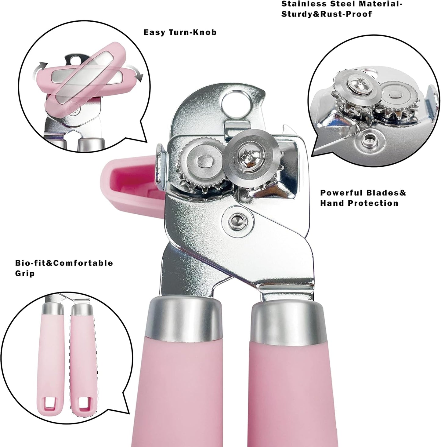 Manual Can Opener, Handheld Comfortable Grip, Oversized Easy Turn Knob, Built in Bottle Opener, Hangs for Convenient Kitchen Storage, Easily Open Tin Cans for Smooth Edge, Pink (Pink, Single)