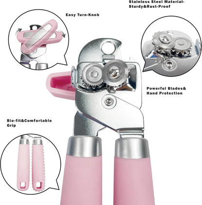 Manual Can Opener, Handheld Comfortable Grip, Oversized Easy Turn Knob, Built in Bottle Opener, Hangs for Convenient Kitchen Storage, Easily Open Tin Cans for Smooth Edge, Pink (Pink, Single)