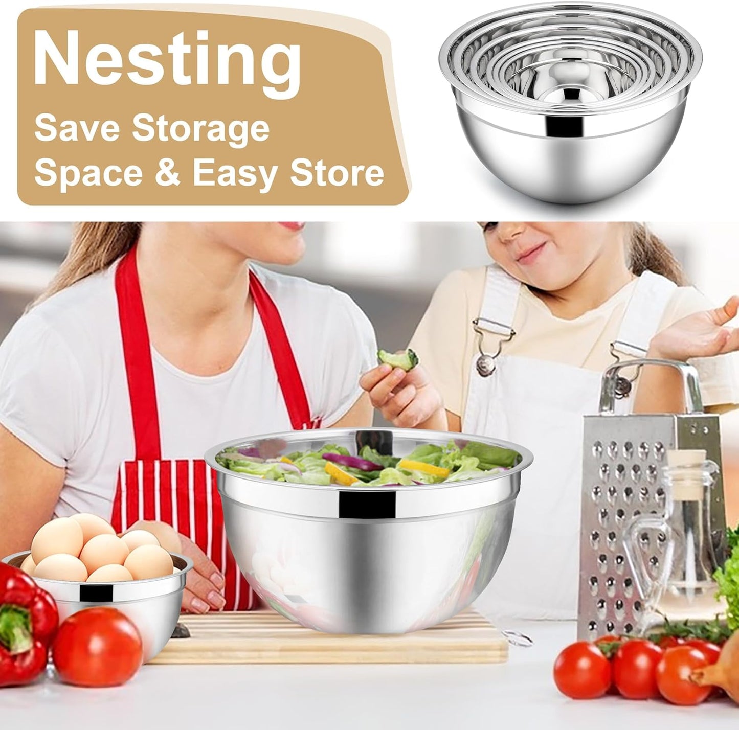 E-far Mixing Bowls with Lids, 6-Piece Stainless Steel Salad Bowls Metal Nesting Bowls for Baking Cooking and Prepping, Airtight Lids & Stackable Design, Size 4.5, 3, 1.5 QT (Black)