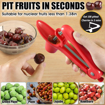 SCHVUBENR Cherry Pitter Tool - Stainless Steel Cherry Corer Pitter with Ergonomic Push Design - Easy to Use for Making Cherry Jam - Pit Cherry with Ease, Saving Time & Space with Lock Design(Red)