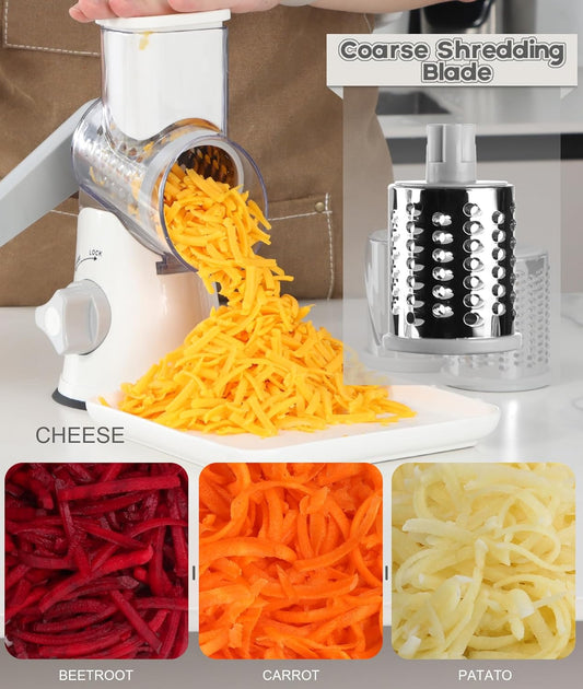 Ourokhome Rotary Cheese Grater Hand Crank, Kitchen Shredder Speed Mandolin Slicer Nut Grinder with Handle and Drum Blades for Cheese, Vegetable, Walnut, Chocolate, Potato, Carrot, 3 Blades, Dark Blue