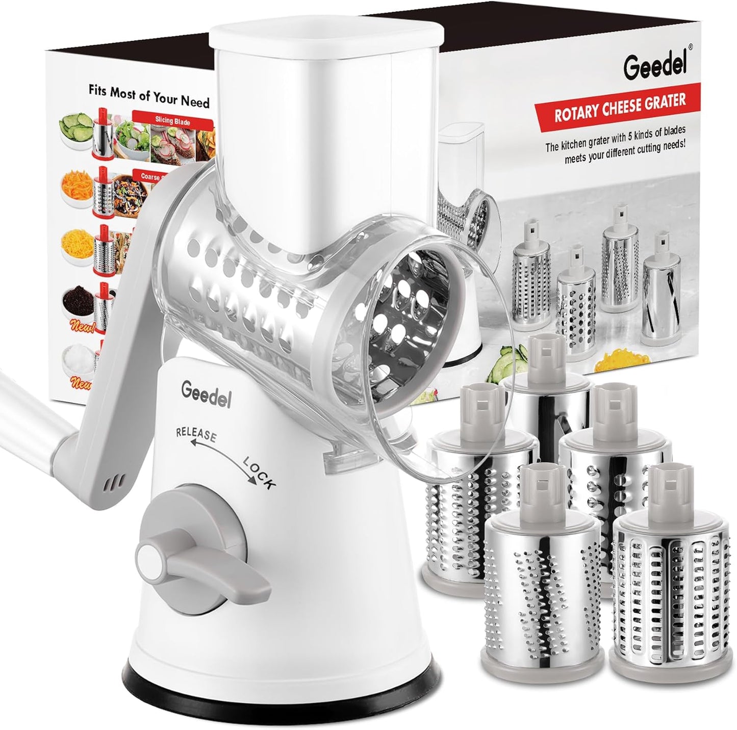 Geedel Rotary Cheese Grater, Kitchen Mandoline Vegetable Slicer with 3 Interchangeable Blades, Easy to Clean Grater for Fruit, Vegetables, Nuts
