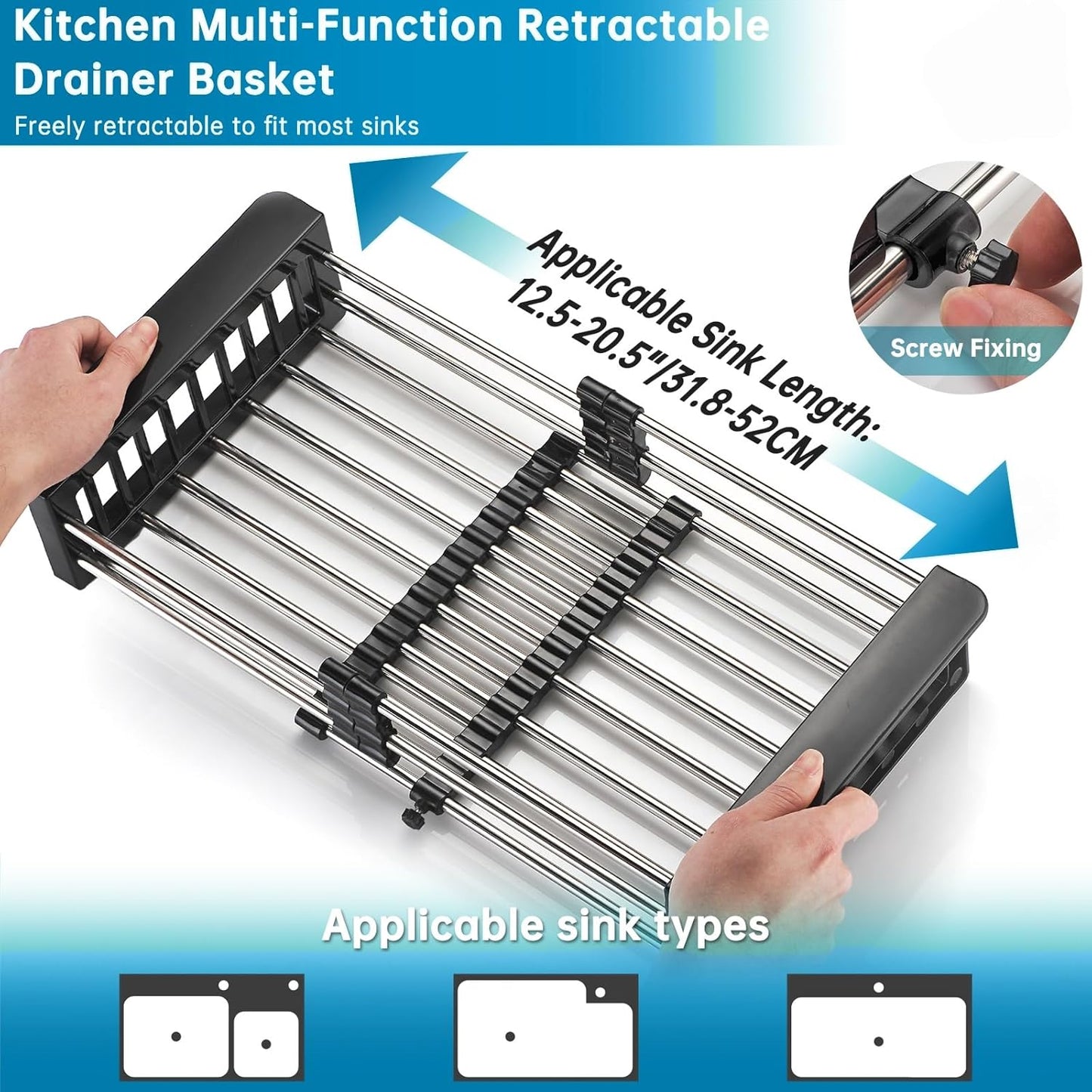 Over The Sink Dish Drying Rack, Stainless Steel Expandable Telescopic Drain Basket with Adjustable Arms - Functional Kitchen Sink Organizer for Dishes, Vegetables & Fruits (Large, Black)