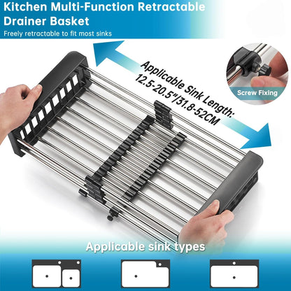 Over The Sink Dish Drying Rack, Stainless Steel Expandable Telescopic Drain Basket with Adjustable Arms - Functional Kitchen Sink Organizer for Dishes, Vegetables & Fruits (Large, Black)