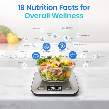 Etekcity Smart Food Kitchen Scale with Nutritional Calculator, Free App with 19 Nutrients Tracking, Calorie, Marco, Digital grams and ounces for weight loss, Premium Stainless Steel, 11lb