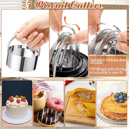 10 Pcs Stainless Steel Pastry Biscuit Cutter Set Include 3 Cup Flour Sifter Biscuit Cutter Pastry Scraper Dough Scraper Silicone Baking Mat Fine Mesh Strainer for Cooking Cookies Donuts Cake