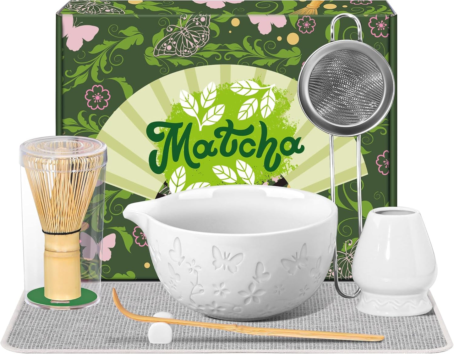 Matcha Whisk Set 7 PCS Matcha Bowl, Matcha Whisk and Holder, Bamboo Scoop and Scoop Rest, Stainless Sifter and Tea Towel Ceramic Matcha Set Japanese Matcha Kit for Matcha Lovers Pink