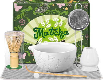 Matcha Whisk Set 7 PCS Matcha Bowl, Matcha Whisk and Holder, Bamboo Scoop and Scoop Rest, Stainless Sifter and Tea Towel Ceramic Matcha Set Japanese Matcha Kit for Matcha Lovers Pink