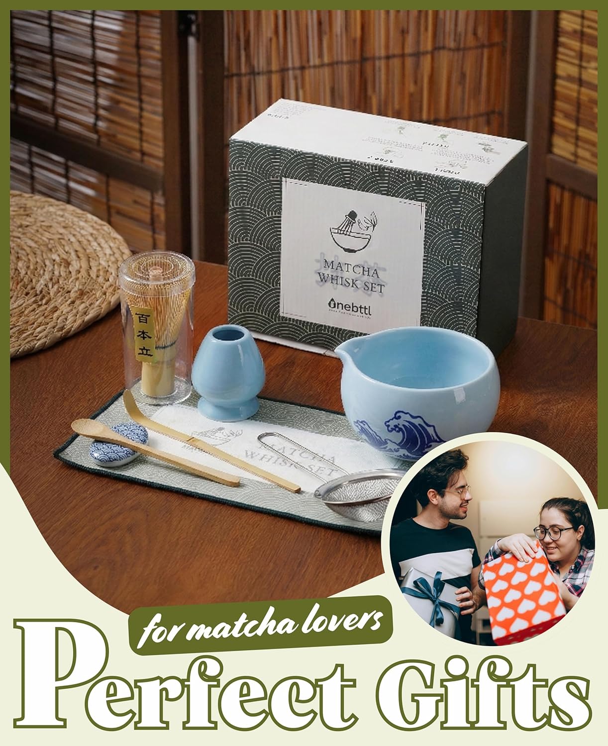 Onebttl Matcha Whisk Set Gifts, 8 Pcs Ceramic Matcha Kit Set Includes Matcha Bowl, Matcha Whisk and Holder, Bamboo Spoon and Scoop, Scoop Rest, Sifter and Tea Towel - Sunflower