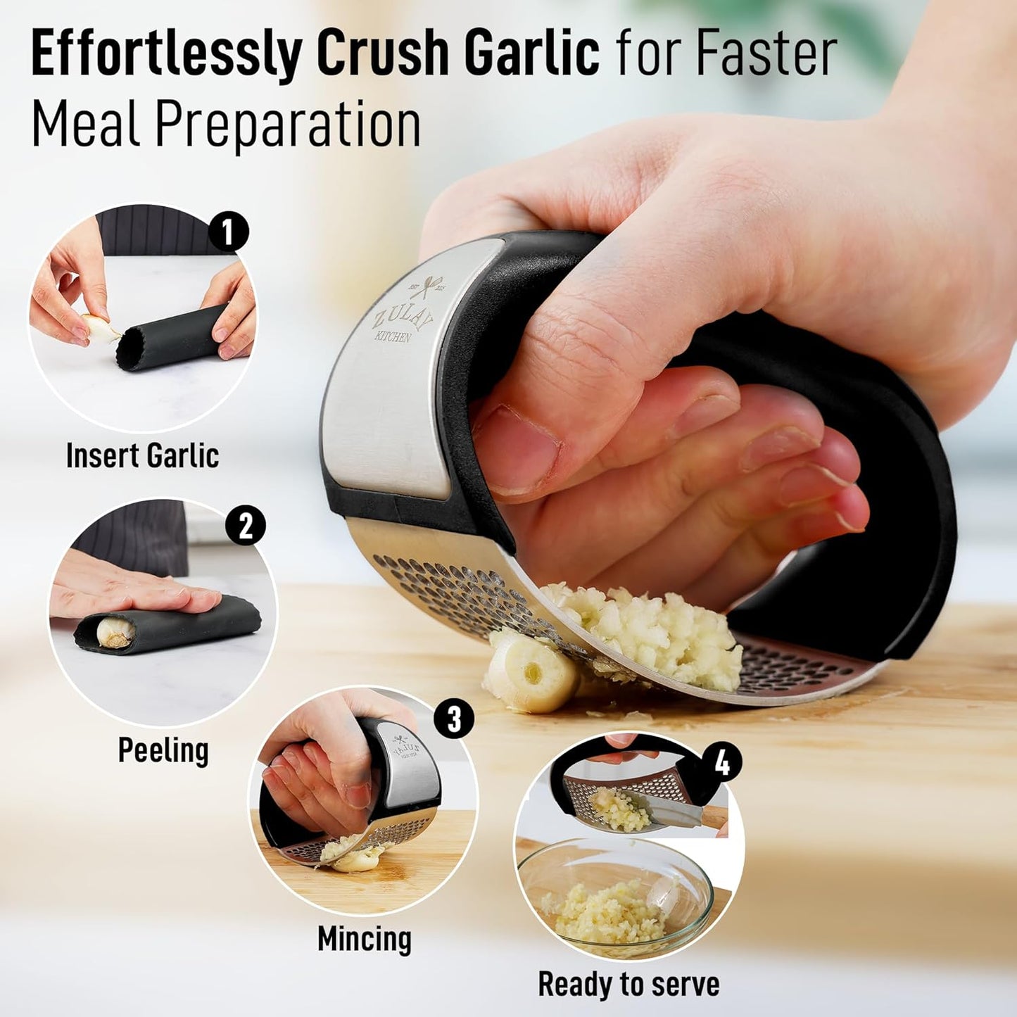 Zulay Stainless Steel Garlic Press Rocker Set - Premium Garlic Mincer Garlic Crusher - New Innovative Garlic Crusher with Peeler and Scraper - Comfortable Grip (DeepBlack)