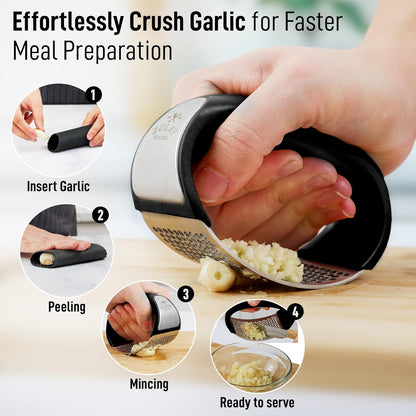 Zulay Stainless Steel Garlic Press Rocker Set - Premium Garlic Mincer Garlic Crusher - New Innovative Garlic Crusher with Peeler and Scraper - Comfortable Grip (DeepBlack)