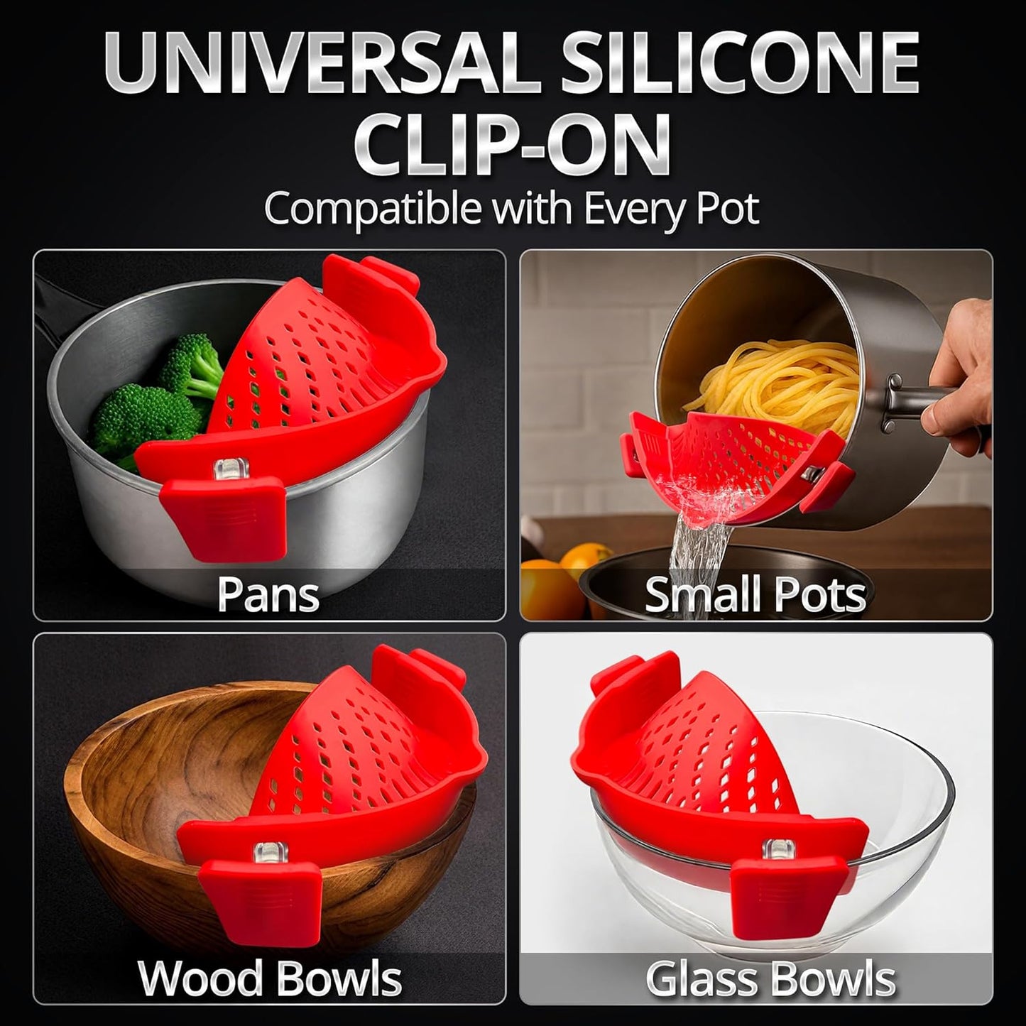 Stainless Steel Skimmer Spoon with Silicone Clip-On Strainer – Multi-Purpose Pasta Strainer, Spider Ladle, Pot Drainer Tool – Heat Resistant & Easy to Clean
