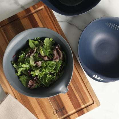 Oster Bluemarine 10-Inch Foldable Strainer – Collapsible Colander for Pasta, Vegetables, Fruits, Space-Saving Kitchen Tool, Blue/Grey Dishwasher Safe