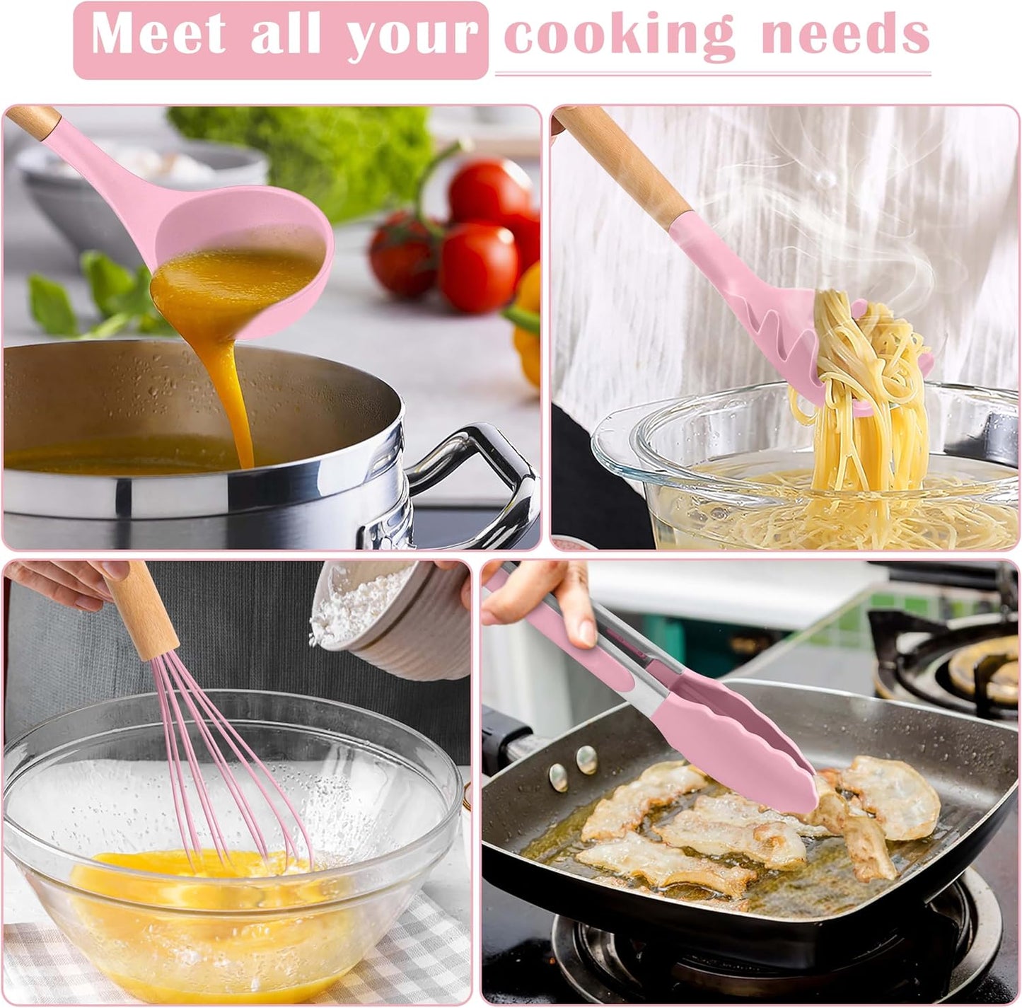E-far Silicone Cooking Utensils Set, 10-Piece Heat Resistant Kitchen Utensils Set with Wooden Handle for Nonstick Cookware, Kitchen Nonstick Tools Spatula Whisk Tongs Ladle, Non-toxic & Healthy(Khaki)