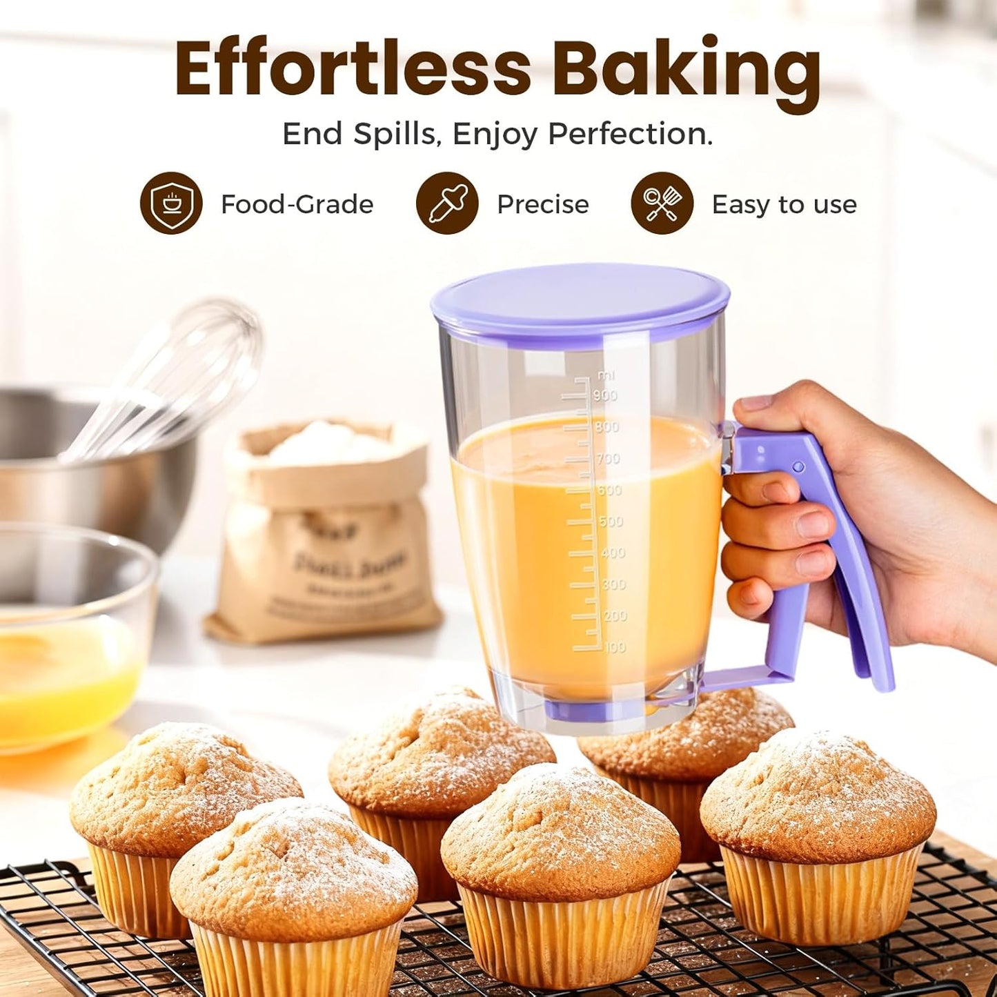 Pancake Batter Dispenser Bottle, 900ML Pancake Maker Baking Tool for Cupcakes, Crepes, Waffles, Muffins, Funnel Cake, Griddle Breakfast Accessory (1)