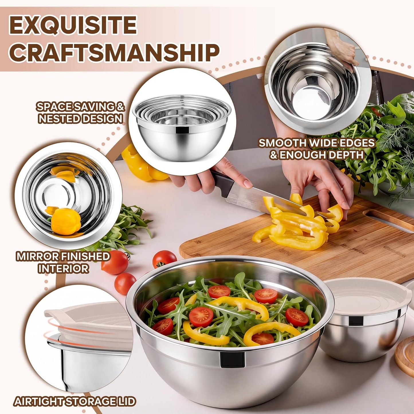 E-far Mixing Bowls with Lids, 6-Piece Stainless Steel Salad Bowls Metal Nesting Bowls for Baking Cooking and Prepping, Airtight Lids & Stackable Design, Size 4.5, 3, 1.5 QT (Black)