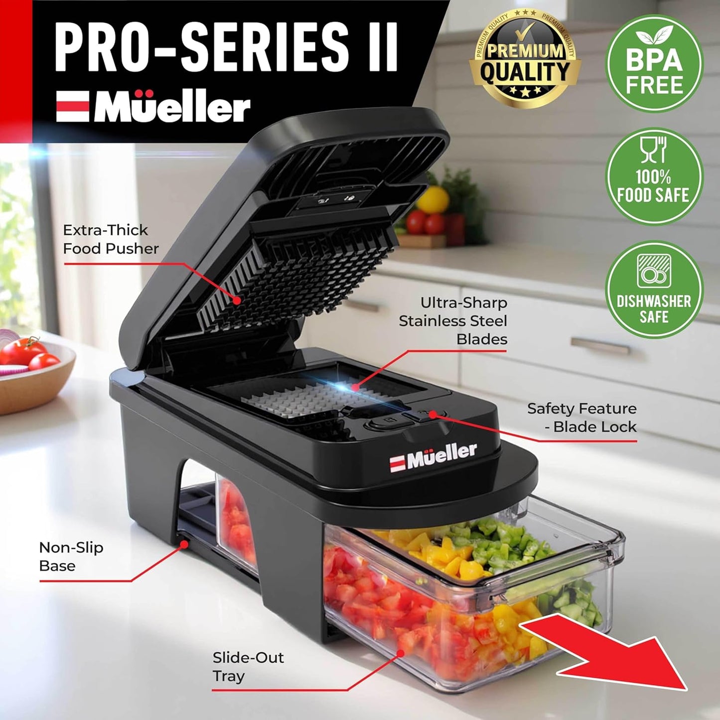 Mueller Pro-Series 10-in-1, 8 Blade Vegetable Chopper, Onion Mincer, Cutter, Dicer, Egg Slicer with Container, French Fry Cutter Potato Slicer, Home Essentials, Salad Chopper White Sand/Green