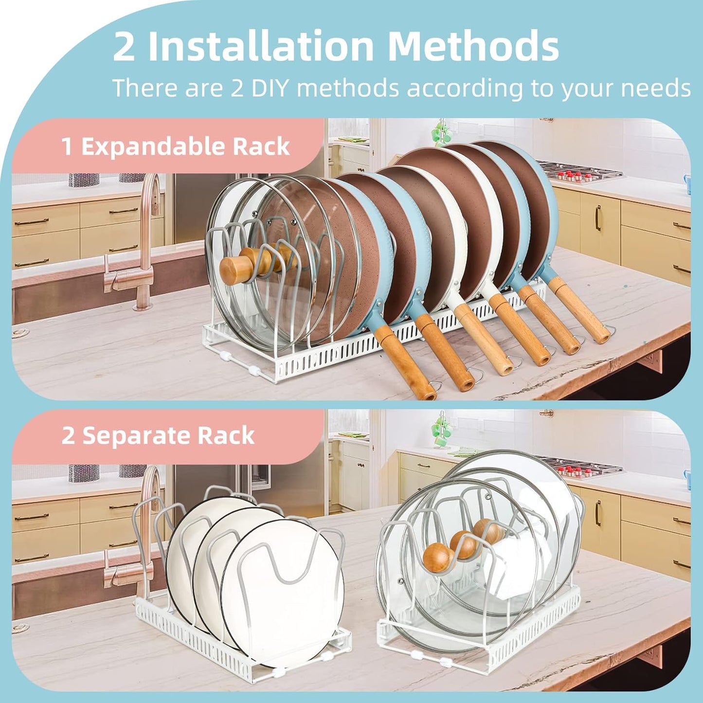 Pot Rack Organizer -Expandable Pot and Pan Organizer for Cabinet,Pot Lid Organizer Holder with 10 Adjustable Compartment for Kitchen Cabinet Cookware Baking Frying Rack,Bronze