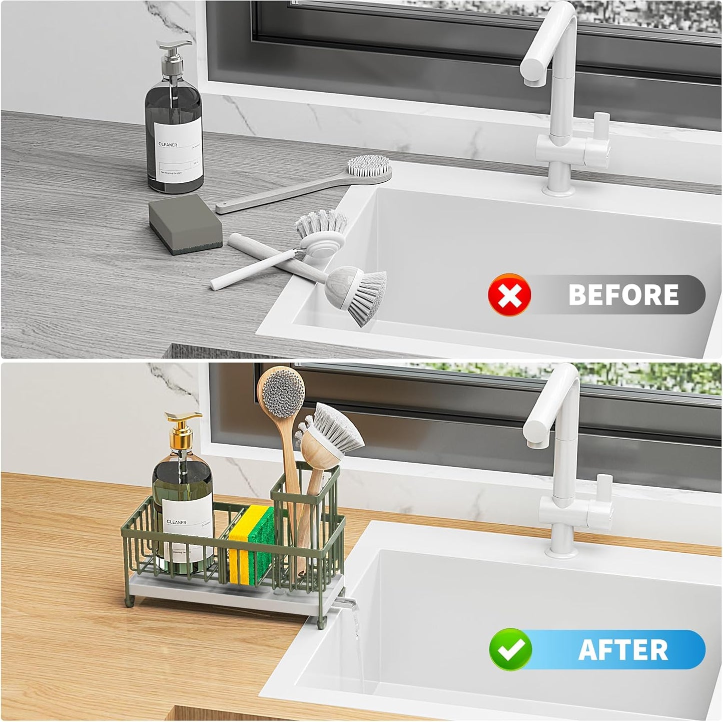 Cisily Sponge Holder for Kitchen Sink, Sink Caddy Organizer with High Brush Holder, Kitchen Countertop Organizers and Storage Essentials, Rustproof 304 Stainless Steel (Black, 9.25″)