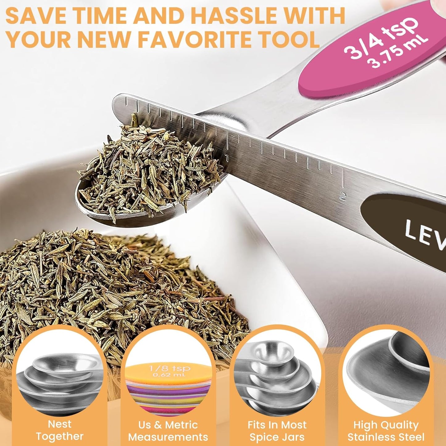 Magnetic Measuring Spoons Set with Leveler, Stainless Steel Metal Tablespoon Measure Spoon for Baking, Cups and Spoon Set Kitchen Gadgets Apartment Essentials Fits in Spice Jars
