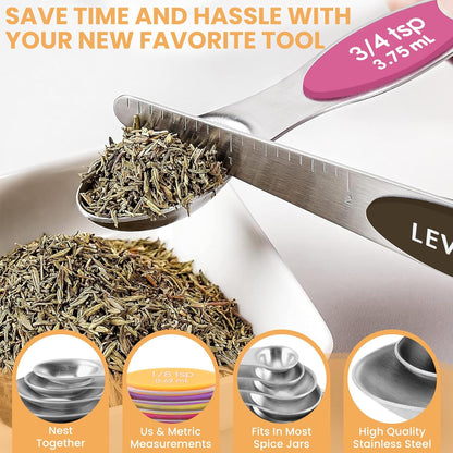 Magnetic Measuring Spoons Set with Leveler, Stainless Steel Metal Tablespoon Measure Spoon for Baking, Cups and Spoon Set Kitchen Gadgets Apartment Essentials Fits in Spice Jars