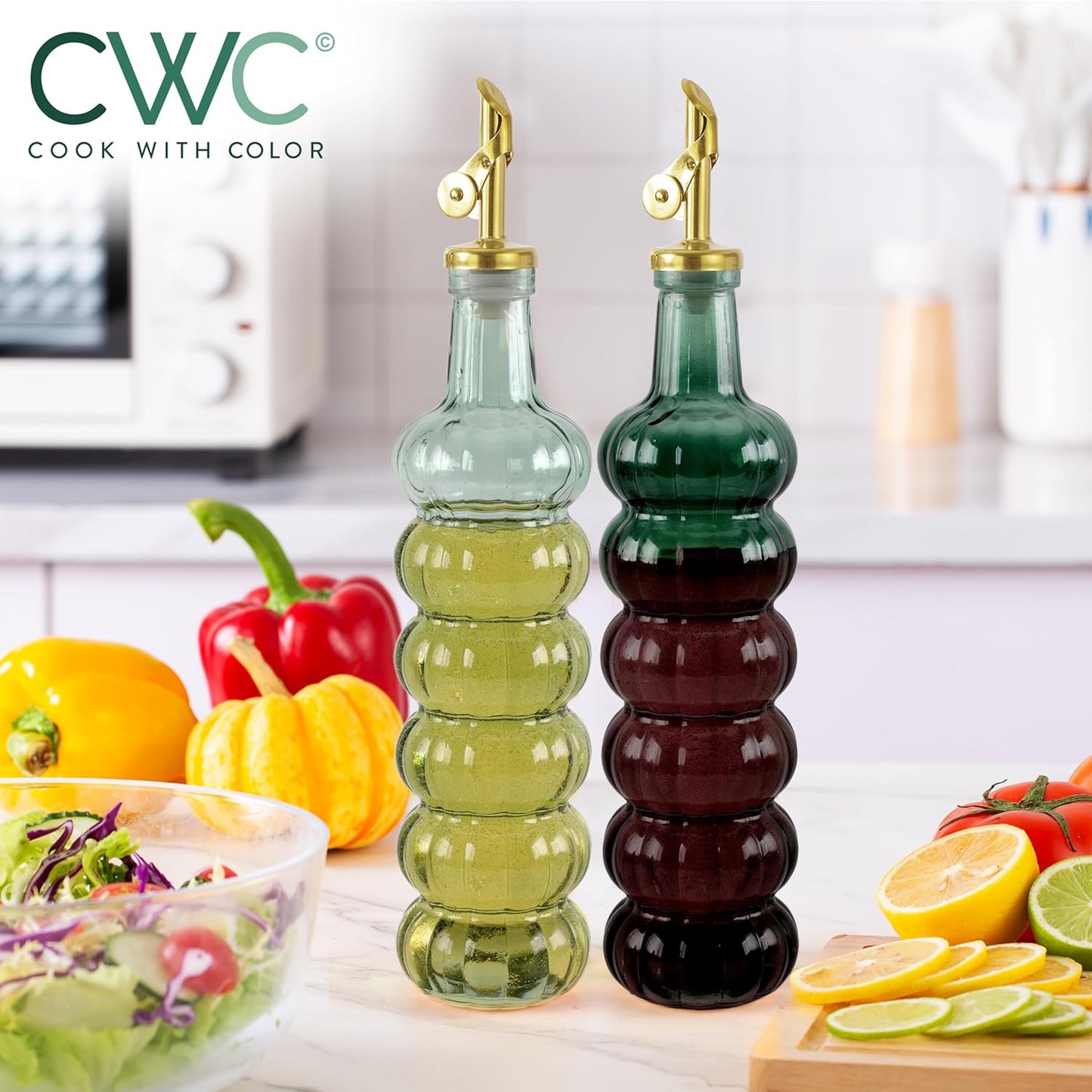 COOK WITH COLOR Glass Olive Oil Bottle Dispenser - 2 Pack- 17oz Oil and Vinegar Cruet - Olive Oil Carafe Decanter for Kitchen, Elegant Waves, Clear