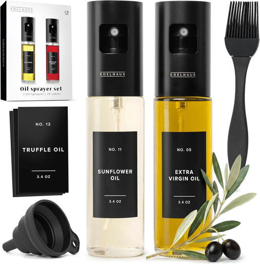 EDELHAUS Oil Sprayer Set of 2 – Oil Spray Bottle Made of Stainless Steel & Glass, for Healthy Cooking, Sprayer for Precise Dosage, for Cooking Oil & Vinegar Including 20 Labels, Funnel