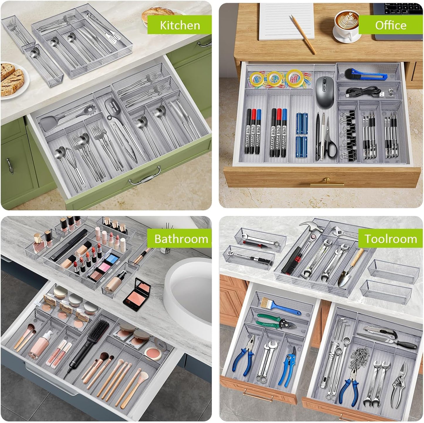 Neudeco Silverware Drawer Organizer - 5 Compartment Cutlery Tray with Non-Slip Feet, Mesh Wire Flatware Storage Divider for Kitchen, Bedroom, Living Room (Silver)