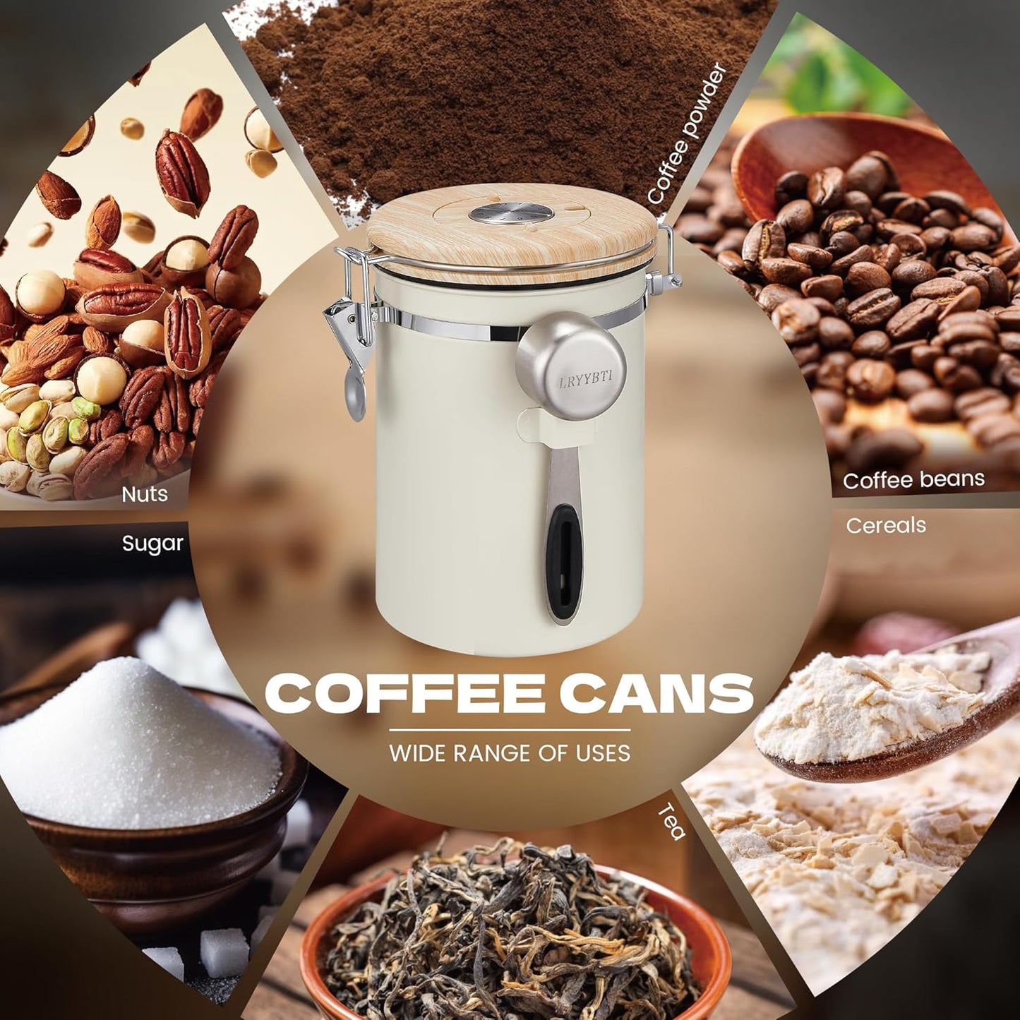 Coffee Canisters with Window,Scoop and Airtight Lid Stainless Steel Kitchen Bean Storage Grounds Container Date Tracker and Scoop for Grounds Coffee Bar Accessories (Cream+window, 22 oz)