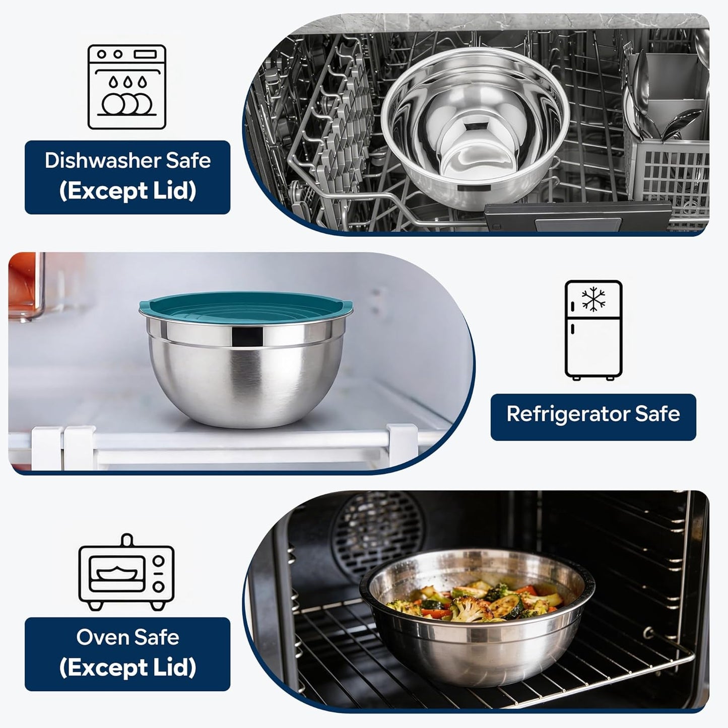 E-far Mixing Bowls with Lids, 6-Piece Stainless Steel Salad Bowls Metal Nesting Bowls for Baking Cooking and Prepping, Airtight Lids & Stackable Design, Size 4.5, 3, 1.5 QT (Black)