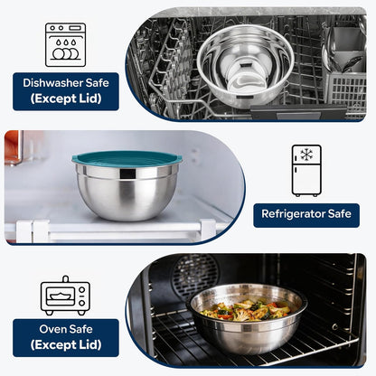 E-far Mixing Bowls with Lids, 6-Piece Stainless Steel Salad Bowls Metal Nesting Bowls for Baking Cooking and Prepping, Airtight Lids & Stackable Design, Size 4.5, 3, 1.5 QT (Black)