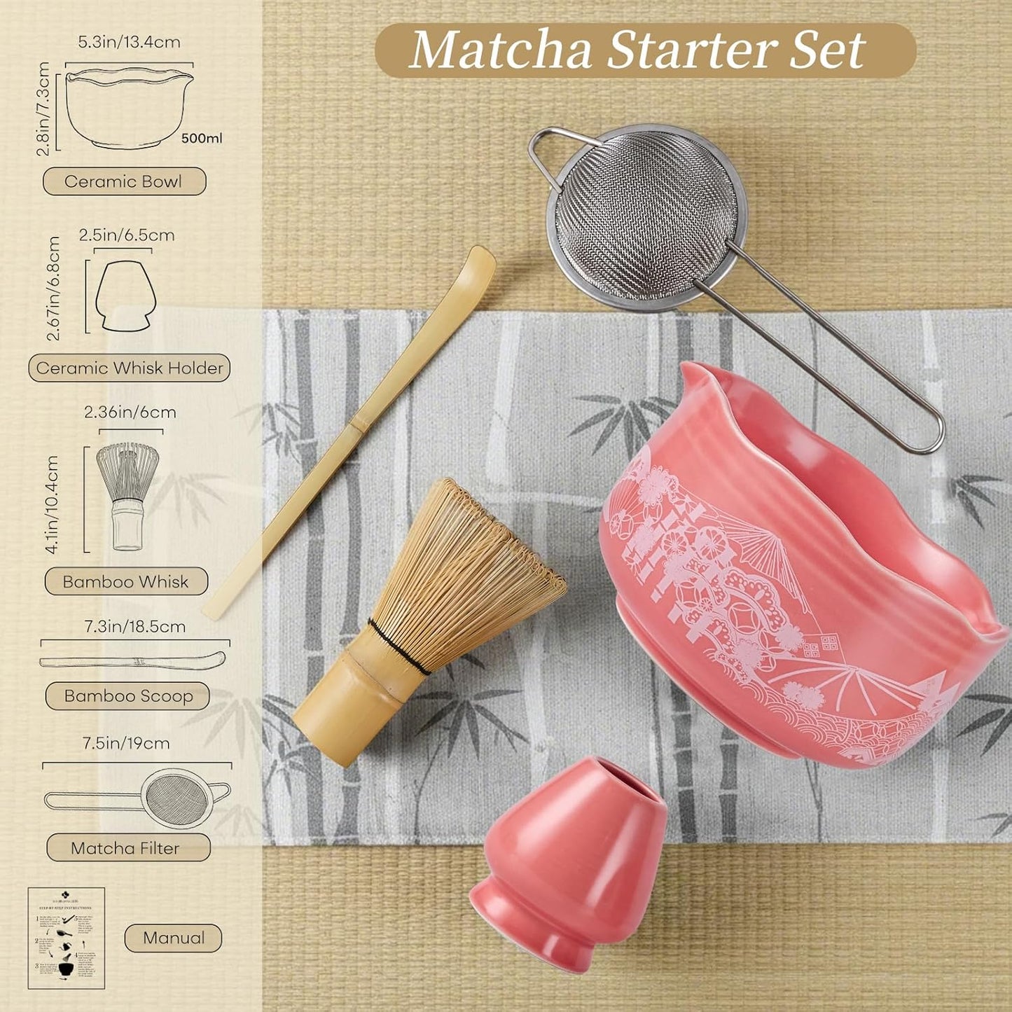 Matcha Whisk Set, 5 Pcs Traditional Japanese Matcha Whisk Preparation Kit, White Glossy Ceramic Bowl with Black Cat and Strawberry Pattern