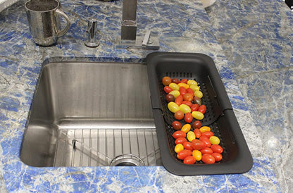 Over-the-Sink Expandable Colander – BPA-Free Collapsible Plastic Strainer for Fruits, Vegetables, Pasta & Dishes – 14.25" to 19.5" Adjustable Sink Basket – Black