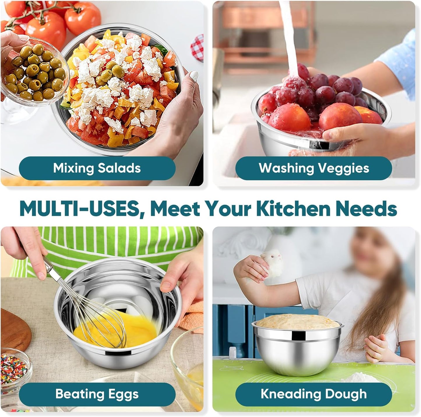TeamFar Mixing Bowls with Lids, 5-Piece Stainless Steel Metal Nesting Salad Bowl for Mixing Prepping, Healthy & Heavy Duty, Airtight Lids & Dishwasher Safe, 4.5/3/1.5/1/0.7 QT-Khaki