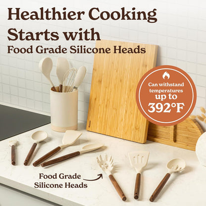 SMIRLY Kitchen Utensils Set – 22-Piece Silicone Cooking Utensils Set, Spatula Set with Holder, Wooden Handle Silicone Kitchen Gadgets for Nonstick Cookware