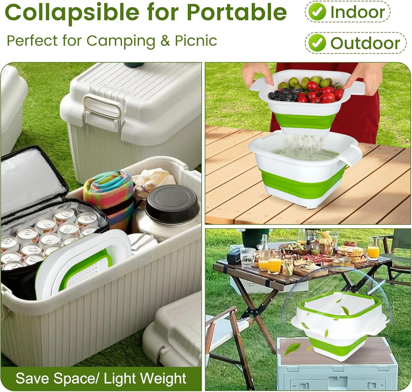 ROTTOGOON Collapsible Colander Set with Strainer Bowl, 2 in 1 Fruit Washing Basket with Strainer, 5 + 3 QT Plastic Colanders for Kitchen, Foldable Double Layered Colanders Bowl for Vegetable, Grey