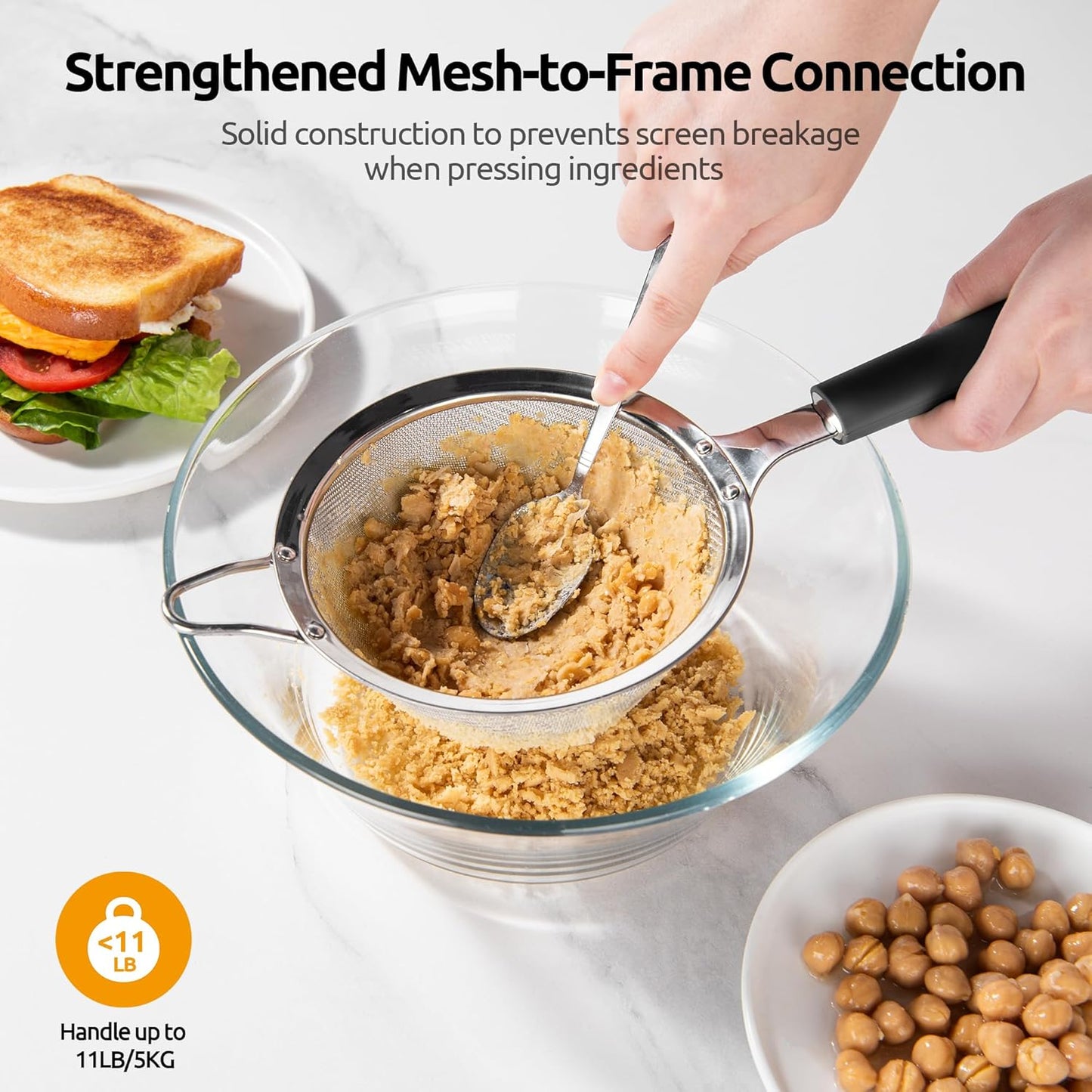 U-Taste Medium Fine Mesh Strainer: 18/8 Stainless Steel 4.73in 30 Mesh Kitchen Food Sieve with Sturdy Riveted Silicone Handle, Heavy Duty Deep Handheld Metal Colander for Rice, Quinoa, Flour (Black)