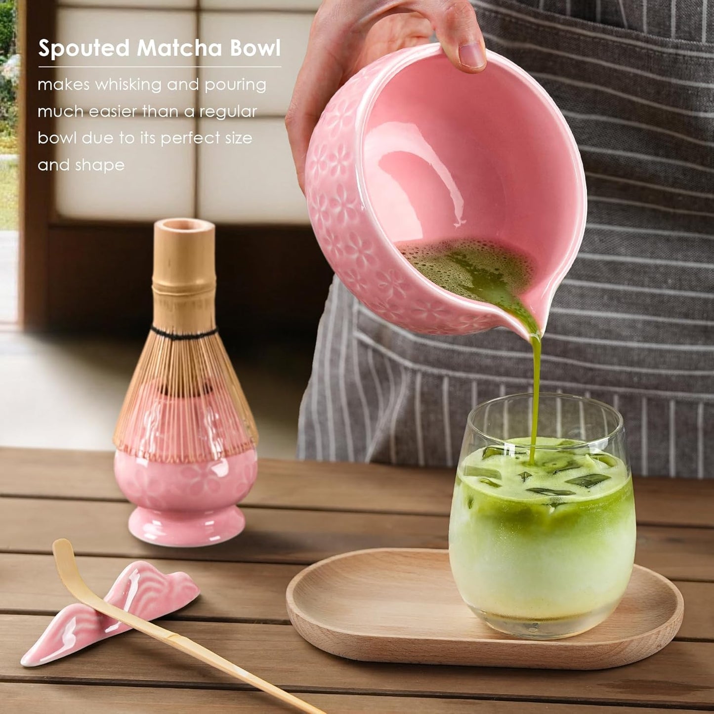 Matcha Whisk Set, Ceramic Bowl Matcha Kit & Handcrafted Bamboo Chasen, Complete 5 Pcs Matcha Set Whisk and Bowl, Stainless Steel Sifter, Bamboo Scoop & Holder for Matcha Lovers