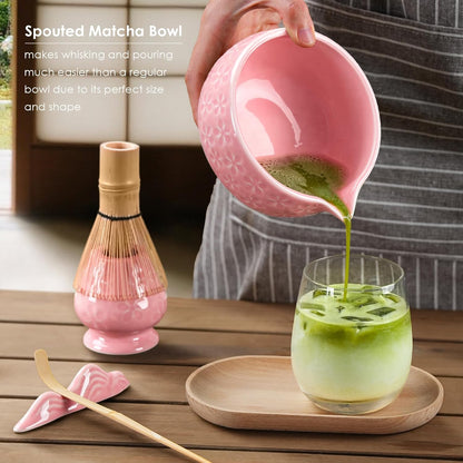 Matcha Whisk Set, Ceramic Bowl Matcha Kit & Handcrafted Bamboo Chasen, Complete 5 Pcs Matcha Set Whisk and Bowl, Stainless Steel Sifter, Bamboo Scoop & Holder for Matcha Lovers