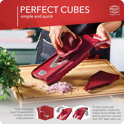 Börner Mandoline Slicer V5 (Professional Set) • Adjustable Vegetable Slicer (7-piece) • 10 Cutting Styles • Kitchen Slicer incl. Docking Station • Stainless Steel V-Blade • Color: Red
