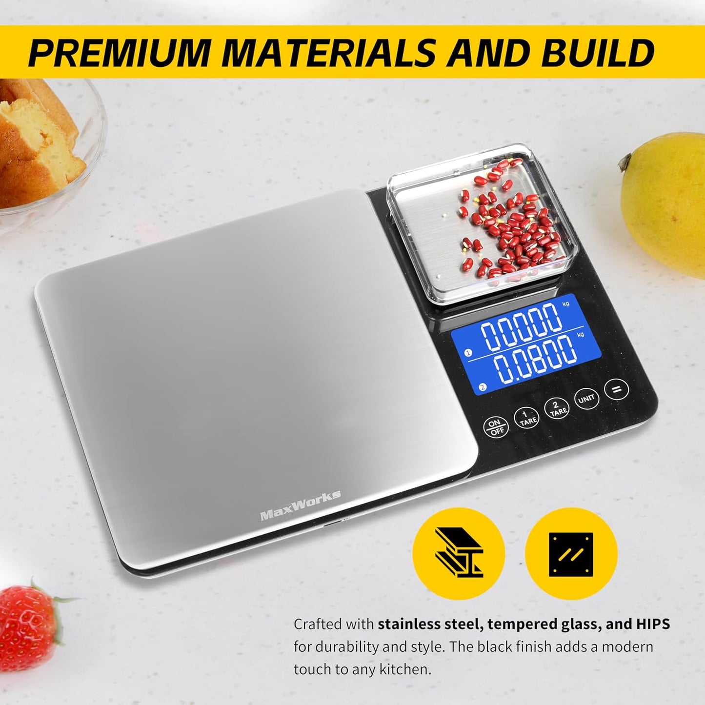 MaxWorks Precision Dual Platform Kitchen Scale Measure Bulk and Fine Ingredients Simultaneously 22 lb Max Capacity Stainless Steel and Glass Digital Scale with USB Charging and 2 Way Power (51069)