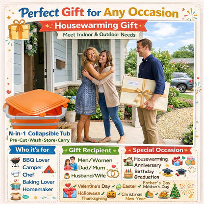 8L Collapsible BBQ Prep Tub with Locking Lid Cutting Board for Marinating Food Storage - Portable Wash Basin Colander for Kitchen Camping Sink - Foldable Bucket for Household Baking Picnic Tailgate