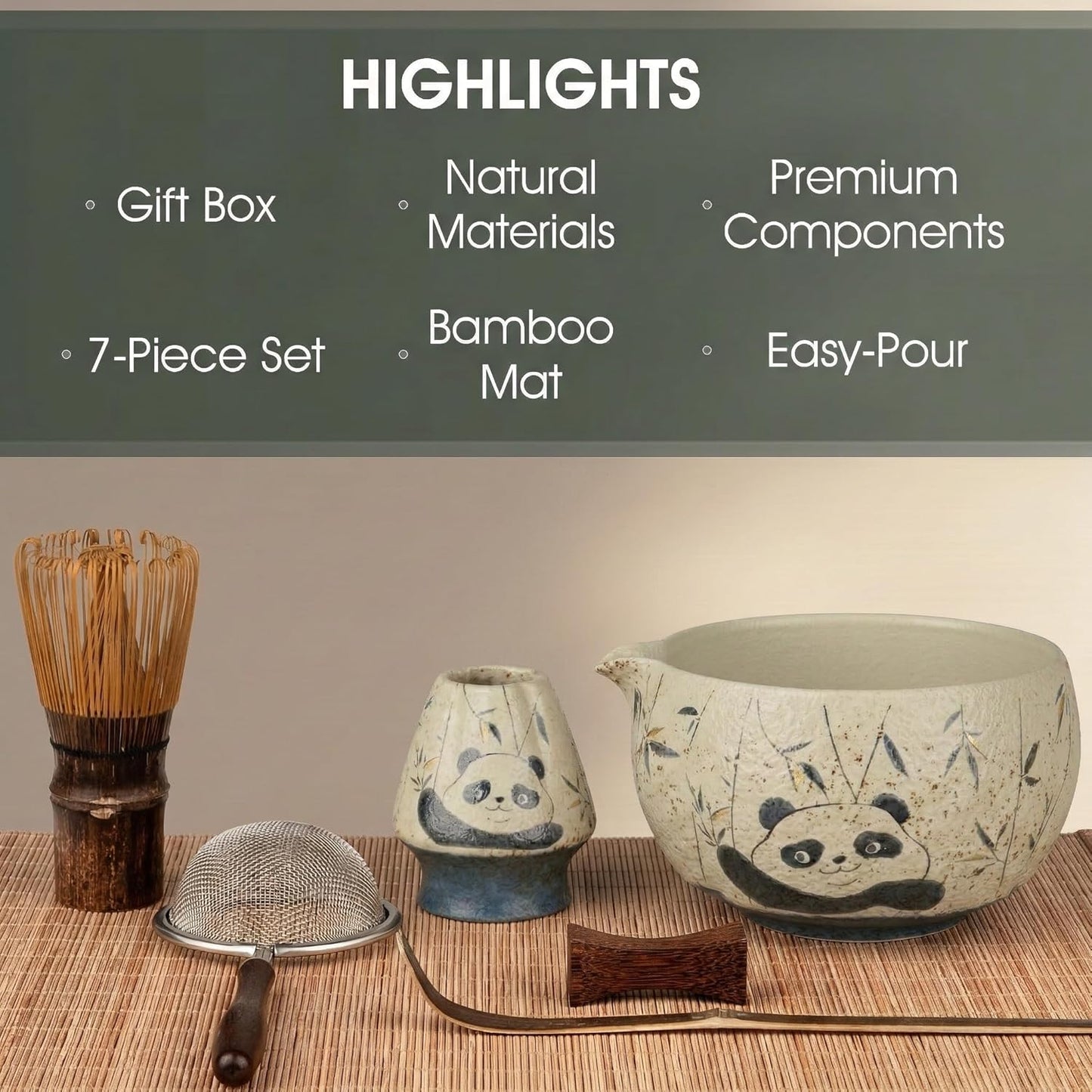 Matcha Whisk Set, 7-Piece Matcha Kit with Ceramic Bowl, Bamboo Whisk, Scoop, Sifter, Holder & Bamboo Mat – Premium Matcha Tea Set for Beginners & Matcha Lovers, Gift Ready