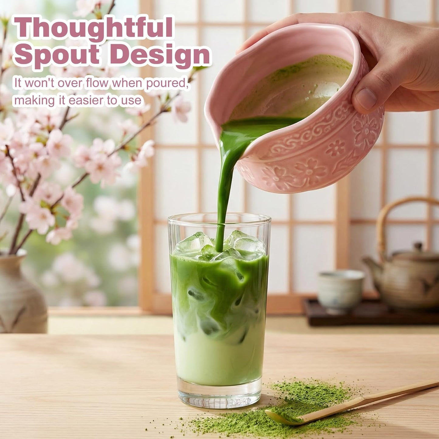 Matcha Whisk Set -7 Pcs Ceramic Matcha Kit Includes Matcha Bowl,Holder,Matcha Sifter, Bamboo Whisk (Chasen),Matcha Spoon and Scoop and Tea Towel,Matcha Kit for Matcha Lovers(Cyan)