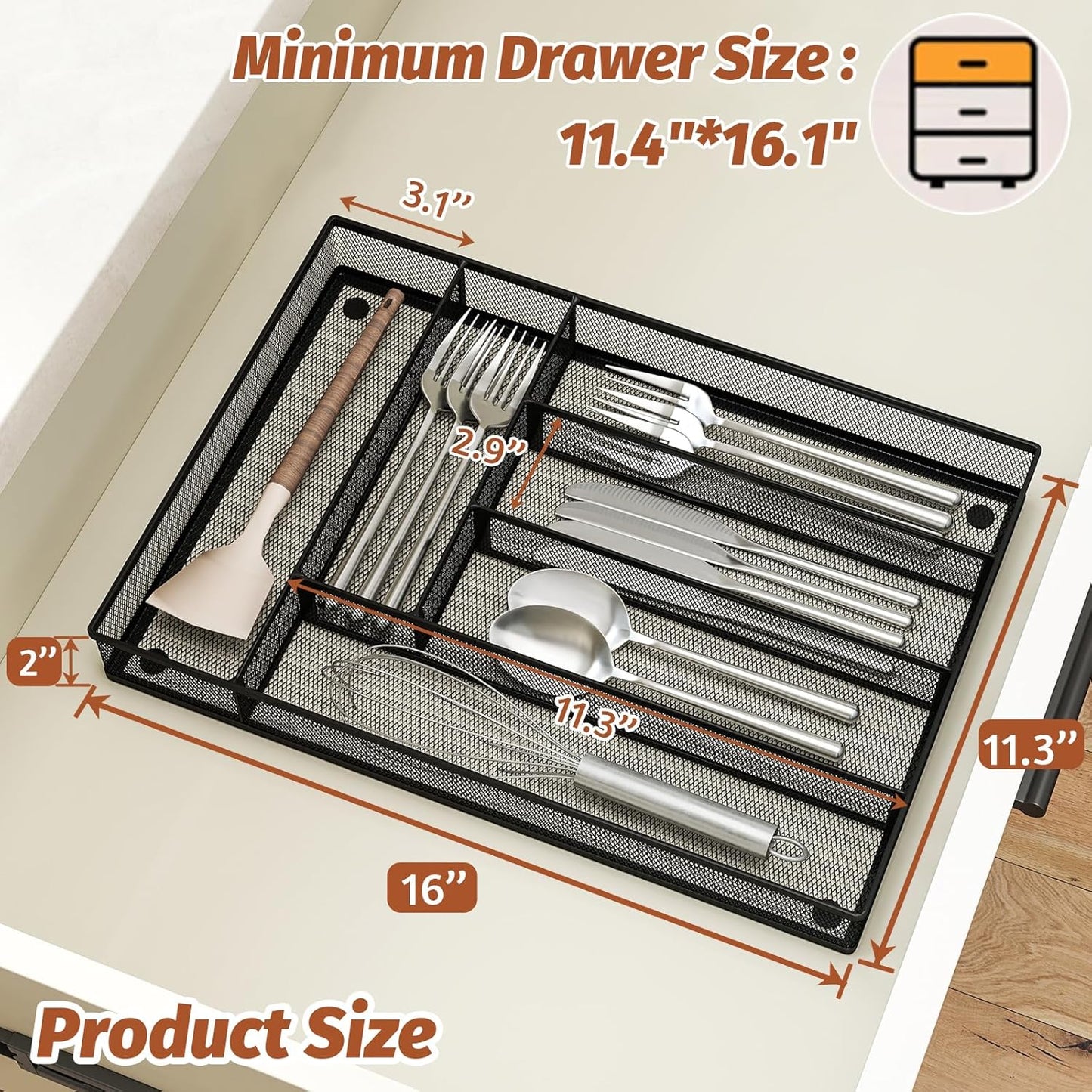Sedegn Silverware Organizer Metal Mesh, Large Drawer Organizer, Utensil Cutlery Tray for kitchen drawers, Flatware Organizer with 6 Compartment, Black (11.3”*16“)