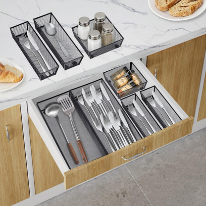 Neudeco Silverware Drawer Organizer - 5 Compartment Cutlery Tray with Non-Slip Feet, Mesh Wire Flatware Storage Divider for Kitchen, Bedroom, Living Room (Silver)