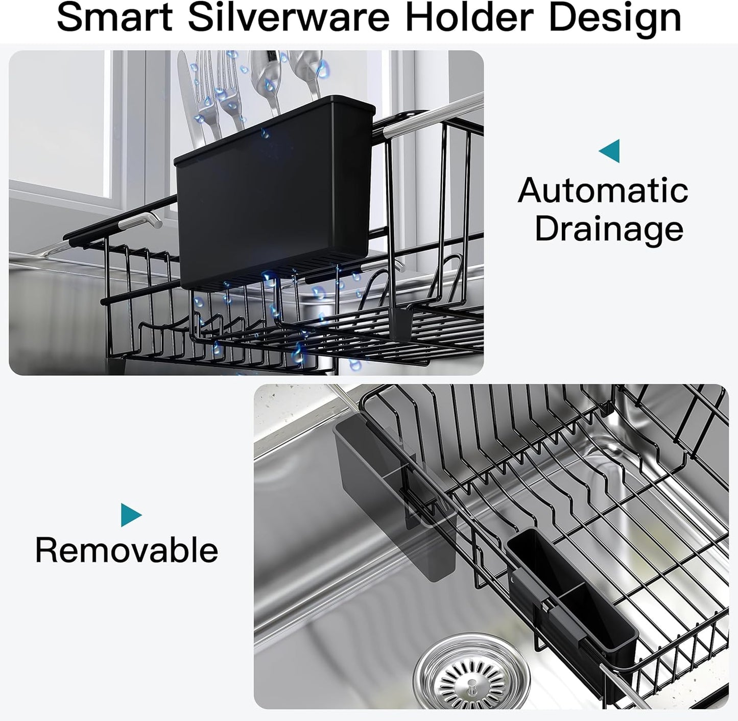 JASIWAY Roll Up Dish Drying Rack, Expandable (12.8"-23.8" D x 12.8" W) Stainless Steel Portable Drainer for Kitchen Sink Counter, Foldable Over The Sink Cover with Removable Utensil Holder
